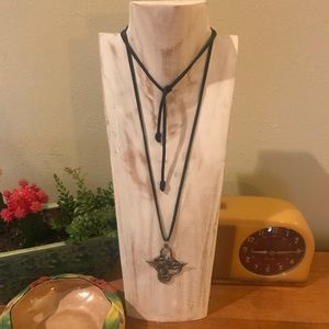 Black Suede Lariat Necklace with Vintage Phoenix